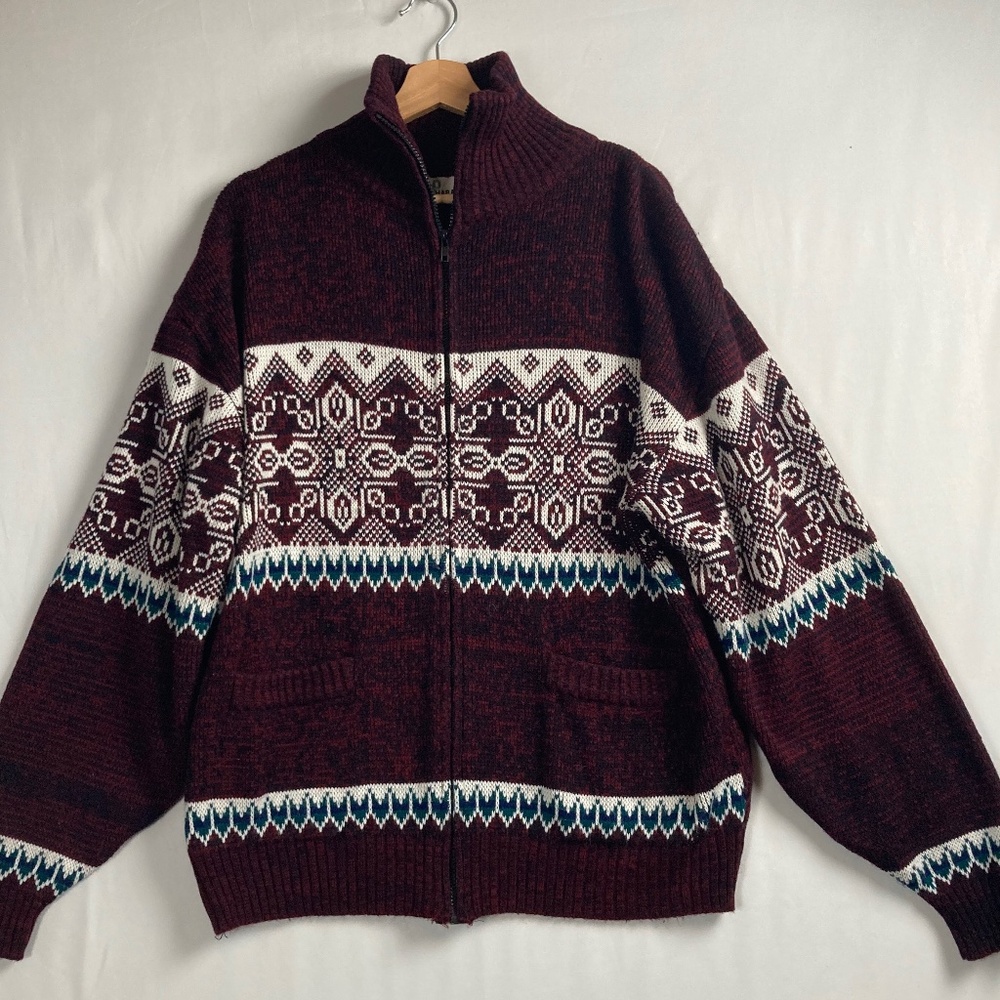 Haband Full Zip Mock Neck Maroon Nordic Cardigan Sweater Large Pockets